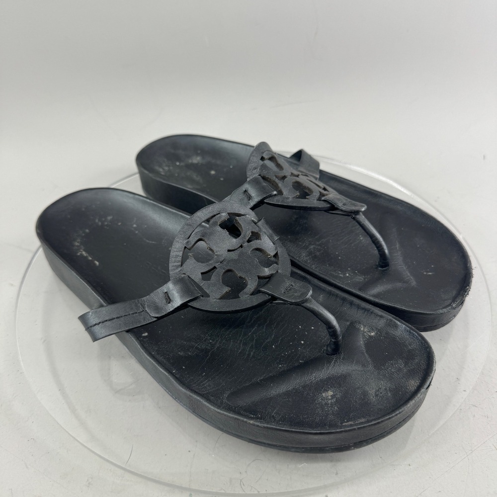Tory Burch Womens Miller Cloud Leather Platform Logo Thong Sandals Black Size 9M